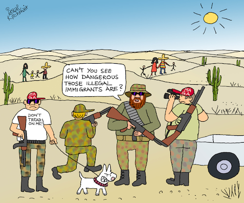 Cartoon: US-Mexican border (medium) by Pascal Kirchmair tagged migrants,migrant,militia,arizona,california,immigrants,mexican,border,patrol,militias,make,america,white,again,angry,men,cartoon,donald,trump,wall,mexico,mexiko,usa,illegal,immigration,illustration,drawing,zeichnung,pascal,kirchmair,caricature,karikatur,ilustracion,dibujo,desenho,ink,disegno,ilustracao,illustrazione,illustratie,dessin,de,presse,du,jour,art,of,the,day,tekening,teckning,cartum,vineta,comica,vignetta,caricatura,caravan,honduras,guatemala,tijuana,caravana,karawane,hispanics,migrants,migrant,militia,arizona,california,immigrants,mexican,border,patrol,militias,make,america,white,again,angry,men,cartoon,donald,trump,wall,mexico,mexiko,usa,illegal,immigration,illustration,drawing,zeichnung,pascal,kirchmair,caricature,karikatur,ilustracion,dibujo,desenho,ink,disegno,ilustracao,illustrazione,illustratie,dessin,de,presse,du,jour,art,of,the,day,tekening,teckning,cartum,vineta,comica,vignetta,caricatura,caravan,honduras,guatemala,tijuana,caravana,karawane,hispanics