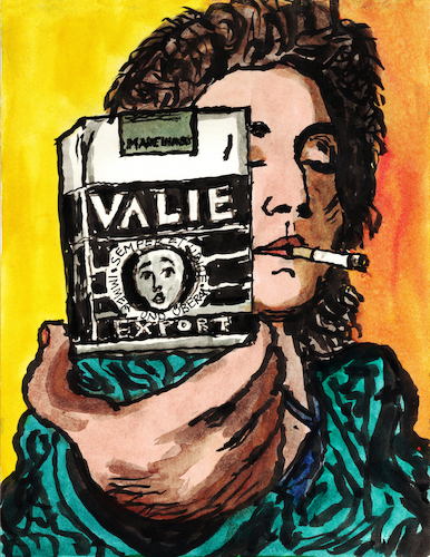 Cartoon: Valie Export (medium) by Pascal Kirchmair tagged austria,österreicherin,autriche,performance,zigarette,cigaret,cigarette,österreich,valie,export,selbstporträt,autoportrait,autoritratto,selbstbildnis,self,portrait,with,autorretrato,watercolor,watercolour,aquarell,künstler,artist,artista,aquarelle,acuarela,ink,tusche,tuschezeichnung,nanquim,encre,de,chine,tinta,china,porträt,arte,illustration,drawing,zeichnung,pascal,kirchmair,political,cartoon,caricature,karikatur,ilustracion,dibujo,desenho,disegno,ilustracao,illustrazione,illustratie,dessin,presse,du,jour,art,of,the,day,tekening,teckning,cartum,vineta,comica,vignetta,caricatura,retrato,ritratto,portret,kunst,mexico,mexiko,painting,peinture,gouache,dipinto,pittura,pintura,cuadro,quadro,azteken,aztecs,malerei,artwork,artiste,künstlerin,wien,vienna,austria,österreicherin,autriche,performance,zigarette,cigaret,cigarette,österreich,valie,export,selbstporträt,autoportrait,autoritratto,selbstbildnis,self,portrait,with,autorretrato,watercolor,watercolour,aquarell,künstler,artist,artista,aquarelle,acuarela,ink,tusche,tuschezeichnung,nanquim,encre,de,chine,tinta,china,porträt,arte,illustration,drawing,zeichnung,pascal,kirchmair,political,cartoon,caricature,karikatur,ilustracion,dibujo,desenho,disegno,ilustracao,illustrazione,illustratie,dessin,presse,du,jour,art,of,the,day,tekening,teckning,cartum,vineta,comica,vignetta,caricatura,retrato,ritratto,portret,kunst,mexico,mexiko,painting,peinture,gouache,dipinto,pittura,pintura,cuadro,quadro,azteken,aztecs,malerei,artwork,artiste,künstlerin,wien,vienna