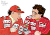 Cartoon: Niki Lauda and Alain Prost (small) by Pascal Kirchmair tagged niki,lauda,alain,prost,formel,formula,formule,uno,one,un,austria,üsterreich,rennfahrer,dibuix,illustration,drawing,zeichnung,pascal,kirchmair,cartoon,caricature,karikatur,ilustracion,dibujo,desenho,ink,disegno,ilustracao,illustrazione,illustratie,dessin,de,presse,du,jour,art,of,the,day,tekening,teckning,cartum,vineta,comica,vignetta,caricatura,champion,autorennen,pilot,piloten