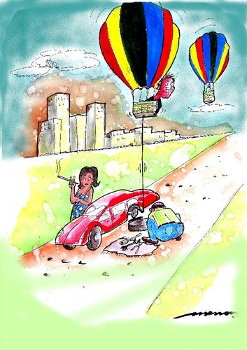 Cartoon: A Helping Hand (medium) by kar2nist tagged changing,flat,road,the,on,help,baloon,air,hot,puncture,tyre