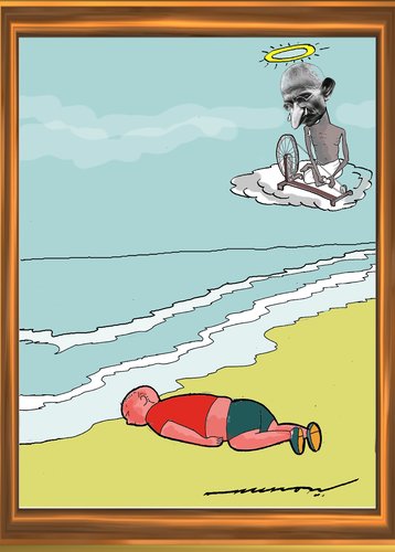 Cartoon: Bapus tears (medium) by kar2nist tagged gandhi,aiylan,drowning,sea,refugees,europe