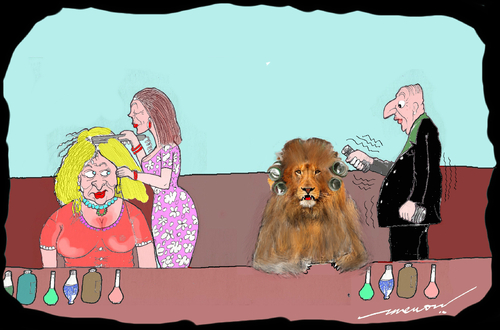 Cartoon: Different Needs (medium) by kar2nist tagged hair,straightening,curling,lion,beauty,parlour