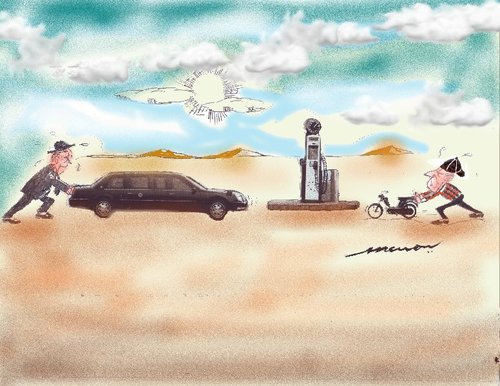 Cartoon: End Game (medium) by kar2nist tagged royce,rolls,mobike,desert,empty,pump,petrol