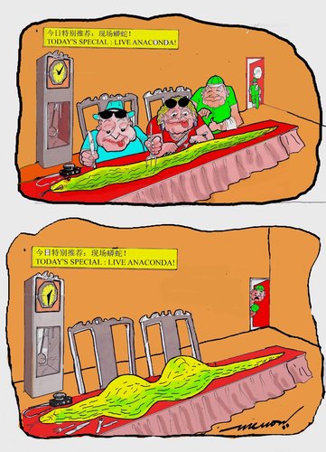 Cartoon: exotic food (medium) by kar2nist tagged east,travel,food,anaconda,chinesefood,tourist