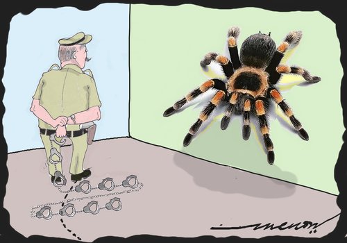 Cartoon: Going for the kill (medium) by kar2nist tagged arrest,tarantula,shackles,police