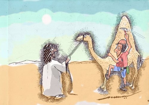Cartoon: Habits Die Hard (medium) by kar2nist tagged habits,deserts,arabs,camel,mountaineer
