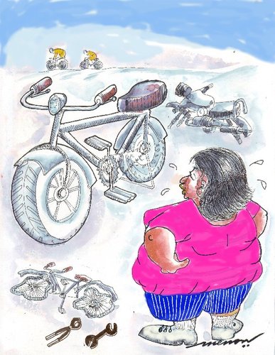 Cartoon: Have Bike  Will  Bike (medium) by kar2nist tagged women,fat,determination,breakdown,motor,bike