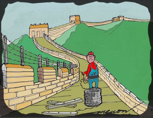 Cartoon: Repairs (medium) by kar2nist tagged 7wonders,chinese,wall,repair,barbed,wire
