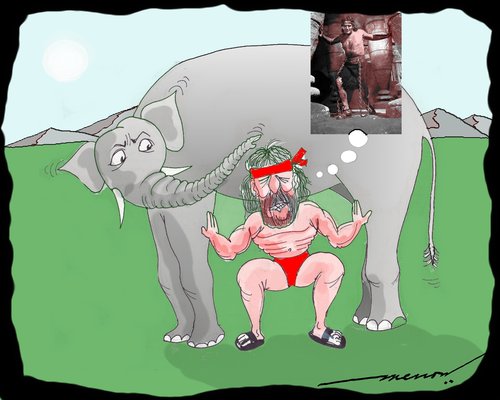 Cartoon: samson in training (medium) by kar2nist tagged samson,delilah,temple,dagon,pillars