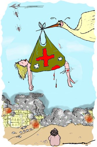 stork in war zone By kar2nist | Politics Cartoon | TOONPOOL