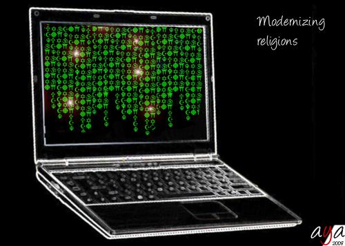 Cartoon: Modernizing religions (medium) by aya tagged religion,modernizing,matrix