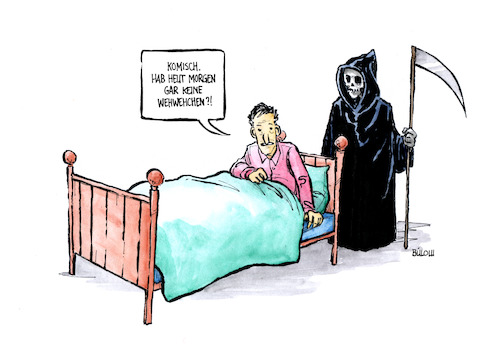 Cartoon: Morgenstund (medium) by Bülow tagged tod,tot,sensenmann,sense,totenkopf,krankheit,krank,tabletten,gebrechen,schmerzen,schmerz,gesundheit,morgen,morgens,aufwachen,aufstehen,bett,bettdecke,kopfkissen,schlaf,schlafen,sterbehilfe,sterbebegleitung,hospiz,sterben,traum,träumen,albtraum,alptraum,tod,tot,sensenmann,sense,totenkopf,krankheit,krank,tabletten,gebrechen,schmerzen,schmerz,gesundheit,morgen,morgens,aufwachen,aufstehen,bett,bettdecke,kopfkissen,schlaf,schlafen,sterbehilfe,sterbebegleitung,hospiz,sterben,traum,träumen,albtraum,alptraum