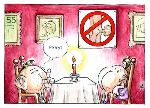 Cartoon: Poflüstern (medium) by Bülow tagged hintern,arsch,ohren,furz,furzen,verboten,verbot,restaurant,ruhe,stille,diskriminierung,hintern,arsch,ohren,furz,furzen,blähung,blähungen,po,gesäß,verboten,verbot,restaurant,gastronomie,beziehung,ehepaar,partnerschaft,essen,romantik,rendezvous,stille,ruhe,ordnung,sitte,höflichkeit,anstand,gesellschaft,normen,toleranz