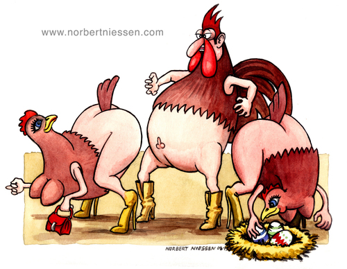 Cartoon: Chicken love (medium) by Niessen tagged hahn,henne,hähnchen,eier,attraktion,liebe,leidenschaft