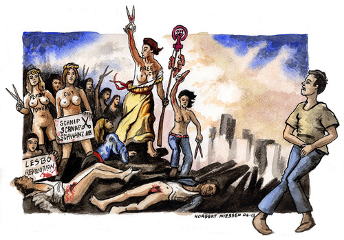 Cartoon: Femen revolution (medium) by Niessen tagged feminists,lesbian,cutting,death,scissors,people,freedom,feministinnen,lesben,schneiden,sterben,schere,revolution,volk,freiheit,femministe,lesbica,taglio,morte,femen,forbici,rivoluzione,popolo,delacroix