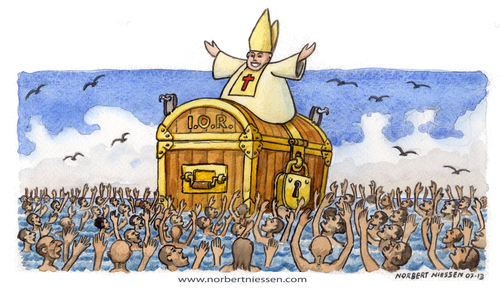 Cartoon: Il papa a Lampedusa (medium) by Niessen tagged papa,mare,isola,profughi,cassaforte,banca,tesoro,saluto,pope,sea,island,refugees,safe,bank,treasure,greeting,papst,meer,insel,flüchtlinge,sicher,schatz,gruß