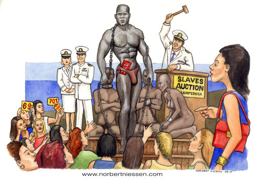 Cartoon: modern slaves (medium) by Niessen tagged lampedusa,marina,militare,asta,vendita,venditore,nero,negro,schiavo