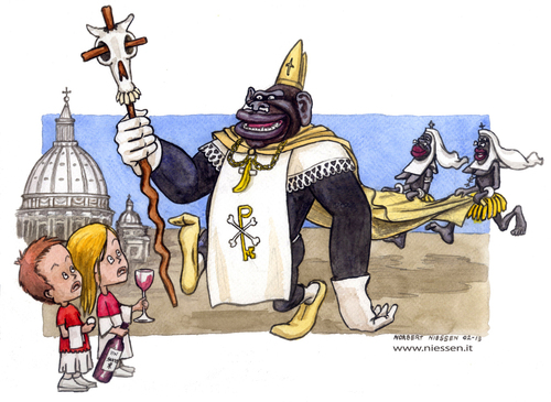 Cartoon: Papa nero (medium) by Niessen tagged san,pietro,vaticano,chirichetto,papa,nero,gorilla,suore,pope,black,ape,vatikan,papst,schwarz,nonnen,affe