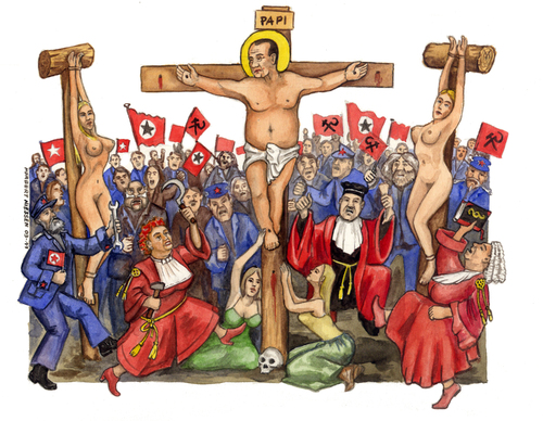 Cartoon: Papi in croce (medium) by Niessen tagged judge,cross,christ,berlusconi,papi,girls,communist,radical