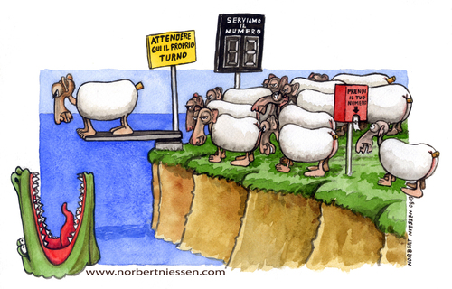 Cartoon: Pecore in coda (medium) by Niessen tagged pecore,numero,coccodrillo,salto,coda,sheep,number,crocodile,jump,queue,schaf,anzahl,krokodil,springen