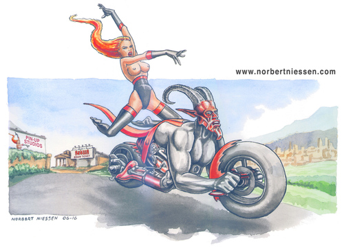 Cartoon: Pin up studios (medium) by Niessen tagged motorrad,rot,hexe,verteufelt,besessen,teufel,hörner