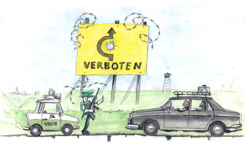 Cartoon: The DDR Road (medium) by Niessen tagged ddr,capitalism,comunism,road,higway,holes,police,vopo