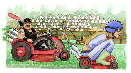 Cartoon: Uomini veri (medium) by Niessen tagged chickens,men,competition,gardening,cars