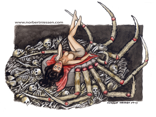 Cartoon: Vedova nera (medium) by Niessen tagged vedova,nera,ragno,donna,fatale,scheletri,morti,black,widow,spider,fatal,woman,skeletons,dead