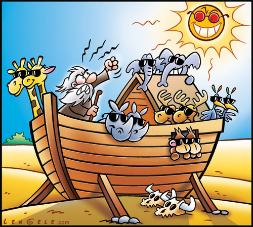 Cartoon: Heat wave Canicule (medium) by Carayboo tagged heat,wave,sun,winter,summer,sky,cloud,nature,sand,vacances,holiday,boat,arche,noe,noah,ark,shine,desert,smile,bible,warming,global,evironment