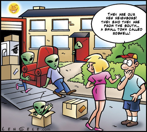 Cartoon: Newcomers Moving (medium) by Carayboo tagged newcomer,neighbor,move,alien,roswell,moving,box,street,address,friend