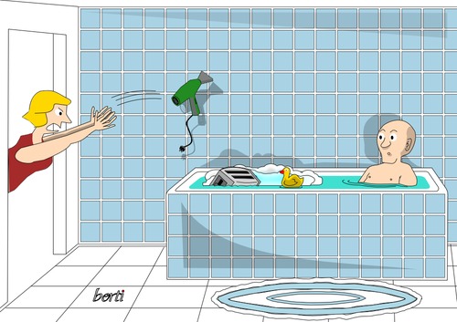 Cartoon: Der Fehlversuch II (medium) by berti tagged mordversuch,ehekrach,föhn,strom,kurzschluß,rosenkrieg,badewanne,bathtube,marital,quarrel,electricity,hair,dryer,inkscape