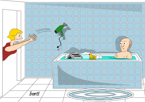 Cartoon: Der Fehlversuch II (medium) by berti tagged mordversuch,ehekrach,föhn,strom,kurzschluß,rosenkrieg,badewanne,bathtube,marital,quarrel,electricity,hair,dryer,inkscape