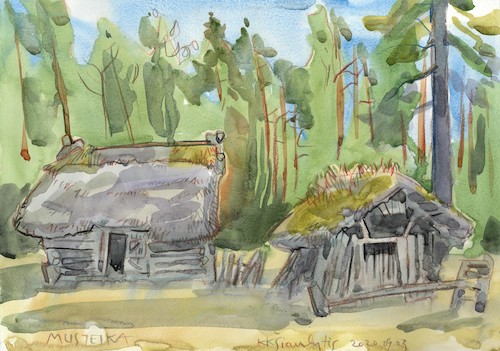 Cartoon: A trip to the village. Sheep hut (medium) by Kestutis tagged sheep,hut,watercolor,sketch,woods,village,kestutis,lithuania