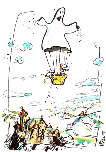 Cartoon: AERONAUTICS (medium) by Kestutis tagged flight,balloonist,castle,aeronautics,ghost,happening,adventure