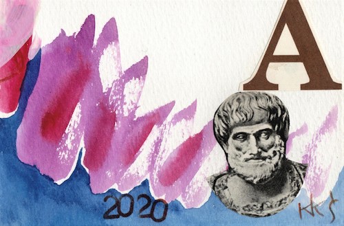 Cartoon: Aristotle on politics (medium) by Kestutis tagged aristotle,politic,kestutis,lithuania,joe,biden,donald,trump,dada,postcard,elections,republican,democrats,red,blue