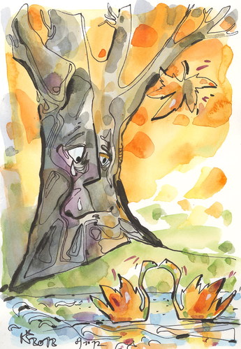 Cartoon: AUTUMN. HERBST. RUDUO (medium) by Kestutis tagged reißen,tear,swan,leaf,blatt,baum,tree,nature,lithuania,siaulytis,kestutis,ahorn,vogel,bird,herbst,autumn,maple,schwan