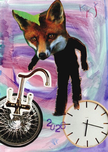 Cartoon: BICYCLE (medium) by Kestutis tagged dada,collage,bicycle,clock,fox,kunst,art,kestutis,lithuania
