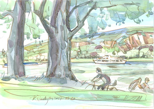 Cartoon: BONN. RHEIN BEI BAD GODESBERG (medium) by Kestutis tagged germany,deutschland,sketch,watercolor,boon,rhein,skizze