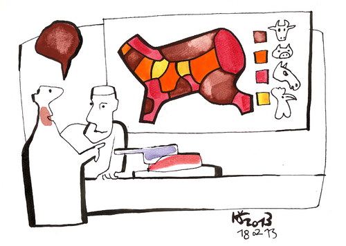 Cartoon: Butchers shop (medium) by Kestutis tagged scandal,skandal,kestutis,horseflesh,pferd,horse,food,pferdefleisch,fleisch,shop,meat,beef,rindfleisch