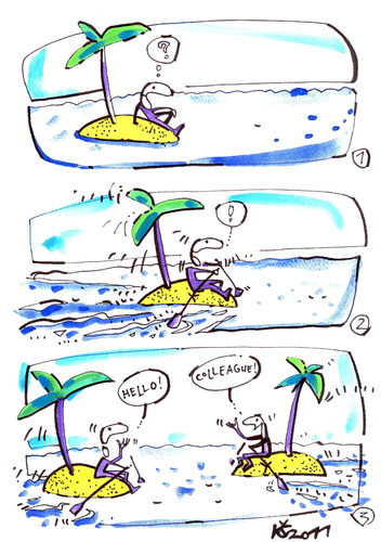 Cartoon: CARTOONIST ON A DESERT ISLAND (medium) by Kestutis tagged cartoonist,desert,island,colleagues,happening,performance