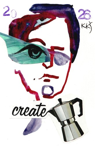 Cartoon: Coffee is a muse (medium) by Kestutis tagged dada,postcard,art,kunst,kestutis,lithuania,coffee,muse,create