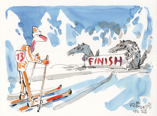 Cartoon: Cross - country skiing. Finish (medium) by Kestutis tagged finish,cross,country,skiing,winter,sports,olympic,sochi,2014,wolf,snow,new,year,happy