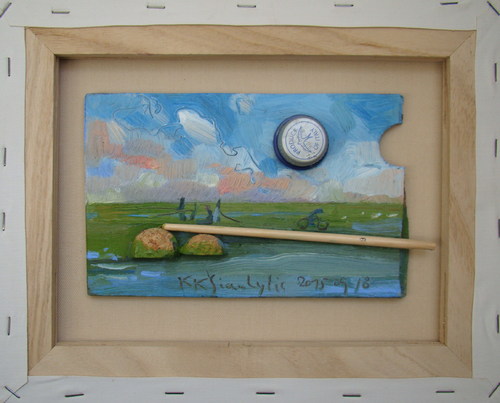 Cartoon: Cyclist on the pier (medium) by Kestutis tagged dada,kestutis,lithuania,postcard,painting