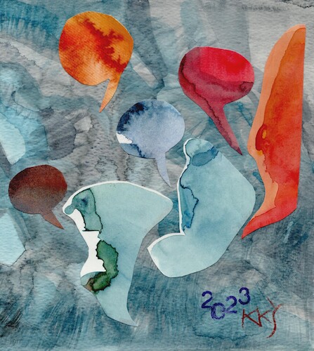 Cartoon: Watercolor silhouettes talking (medium) by Kestutis tagged discussion,silhouette,bubble,watercolor,art,dada,kunst,kestutis,lithuania