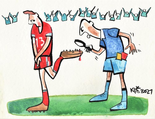 Cartoon: Football detective (medium) by Kestutis tagged football,detective,sport,referee,fußball,kestutis,lithuania,euro,uefa,red,card,fans,soccer,spiel,ball,europameisterschaft