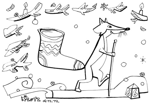 Cartoon: Fox looking for Santa Claus (medium) by Kestutis tagged santa,claus,fox,animal,nature,kestutis,lithuania,winter,spruce,tanne,snow,schnee