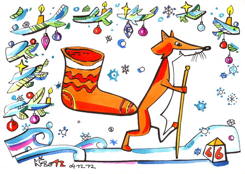 Cartoon: Fox looking for Santa Claus (medium) by Kestutis tagged santa,claus,fox,animal,nature,kestutis,lithuania,winter,spruce,tanne,snow,schnee