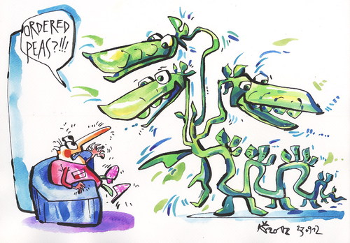 Cartoon: GERARDO ORDERED PEAS (medium) by Kestutis tagged erbsen,food,dragon,adventure,peas,lithuania,siaulytis,kestutis,llobet,gerardo