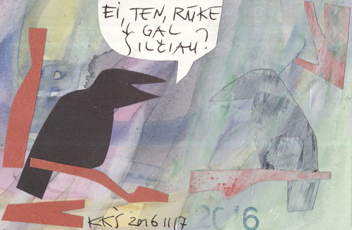 Cartoon: Hey maybe in the fog hotter? (medium) by Kestutis tagged lithuania,kestutis,fog,nature,forecast,weather,crow,today,vilnius,postcard,dada