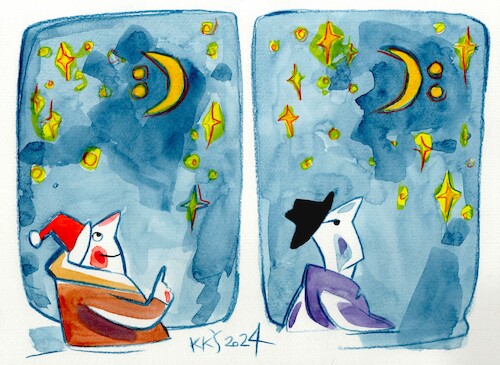 Cartoon: New Moon. Optimist and pessimist (medium) by Kestutis tagged moon,optimist,kestutis,lithuania,sky,space,pessimist,night,star